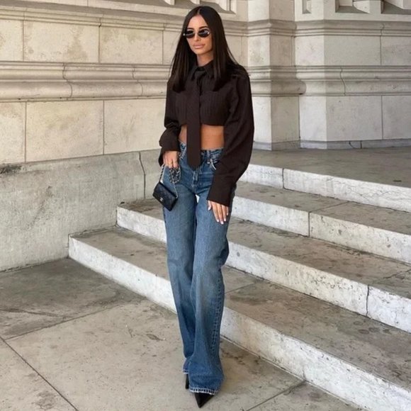 BLOGGER'S FAVE! Zara Striped Crop Shirt With Necktie NWT - Picture 6 of 16